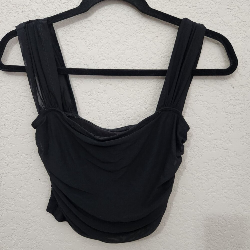 Shein Black Mesh Detailed Ruched Crop Tank Top Size 4 Sheer Mesh
